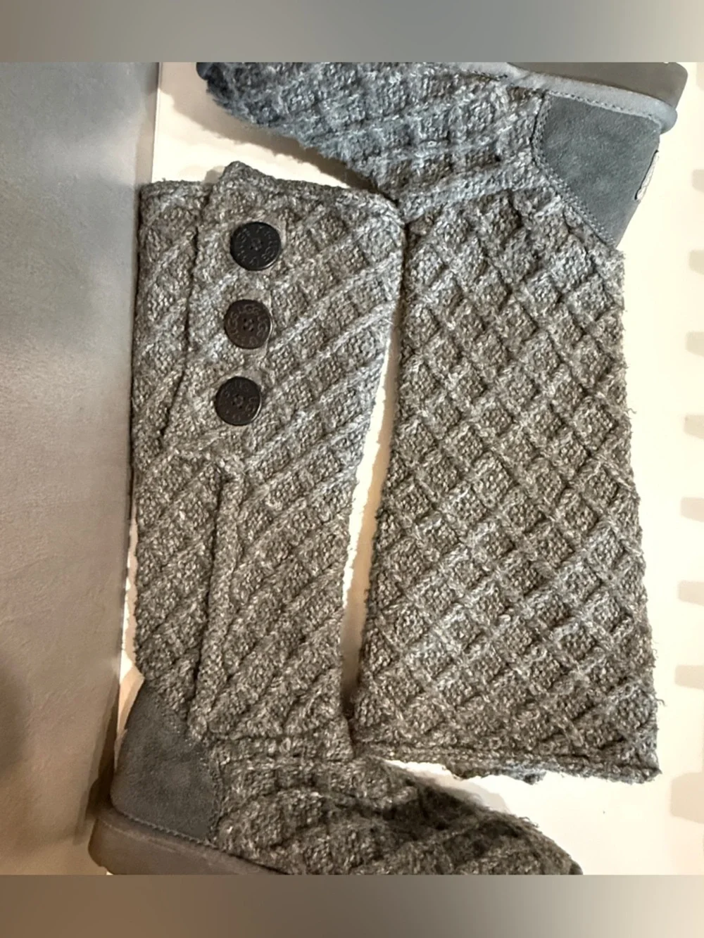 UGG Australia Women’s Grey Knit Mid-Calf High Ugg Boots, Sweater Cardigan Knit